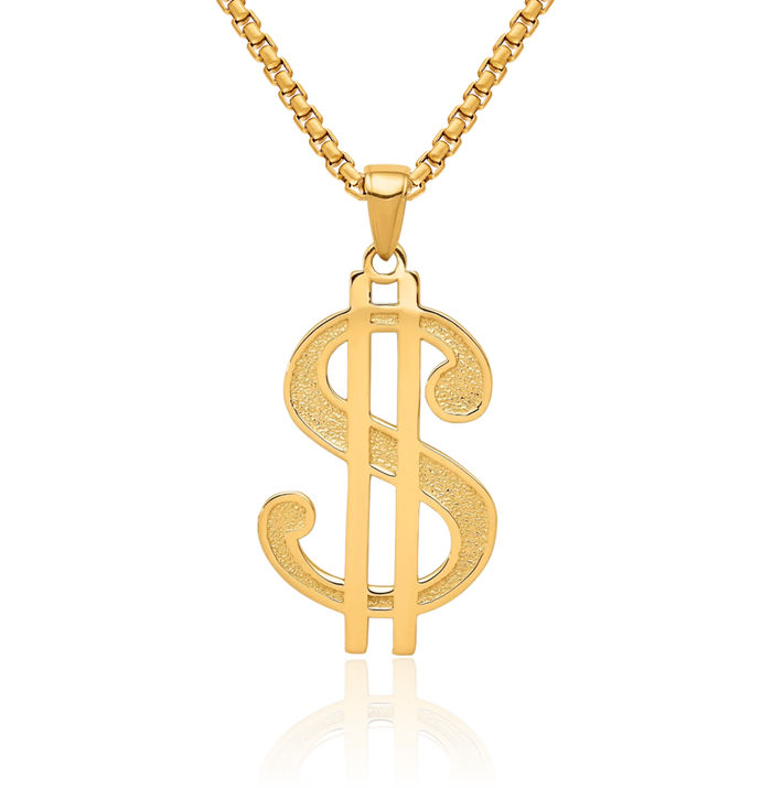 14K Solid Yellow Gold Dollar Sign Necklace Chain Pendant Charm