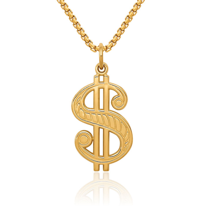 14K Solid Yellow Gold Dollar Sign Necklace Chain Pendant Charm