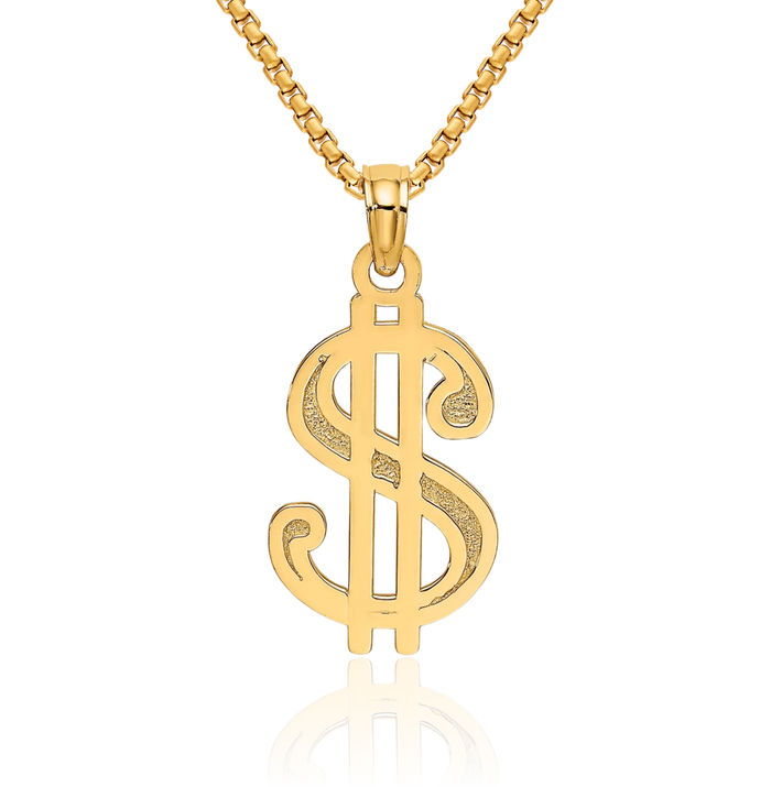 14K Solid Yellow Gold Dollar Sign Necklace Chain Pendant Charm