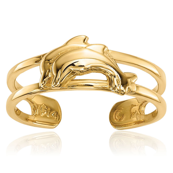 14K Solid Yellow Gold Dolphin Adjustable Toe Ring Open Midi Band Summer Beach Jewelry