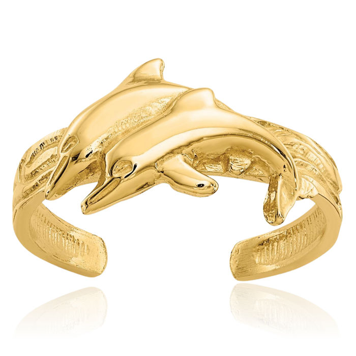 14K Solid Yellow Gold Dolphin Adjustable Toe Ring Open Midi Band Summer Beach Jewelry