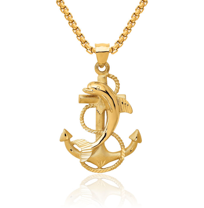 14K Solid Yellow Gold Sea Dolphin Ocean Fish Beach Nautical Anchor Mariner Necklace Chain Pendant Charm