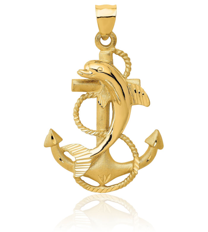 14K Solid Yellow Gold Sea Dolphin Ocean Fish Beach Nautical Anchor Mariner Necklace Chain Pendant Charm