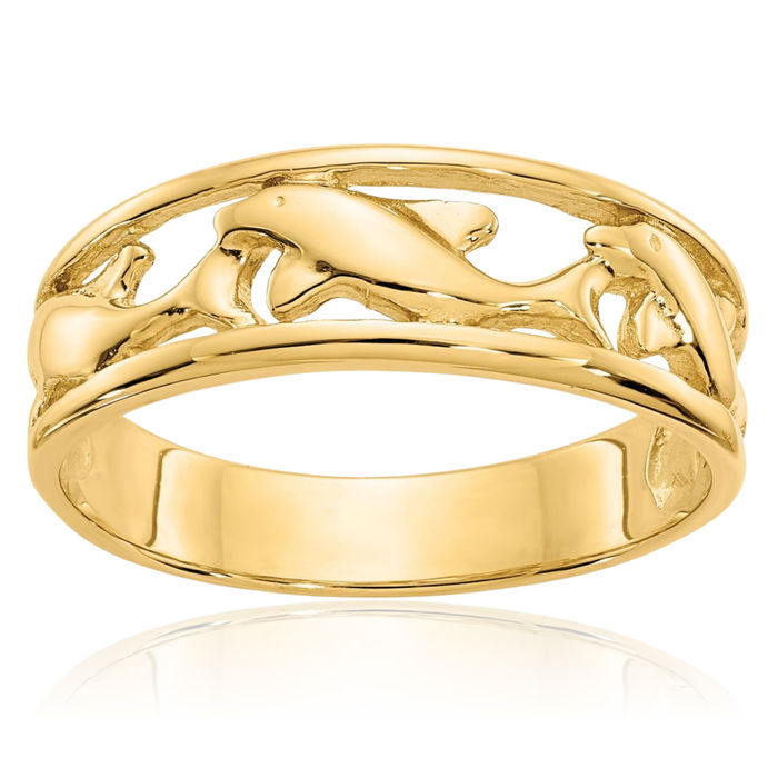 14K Solid Yellow Gold Sea Dolphin Ocean Fish Beach Nautical Band Ring