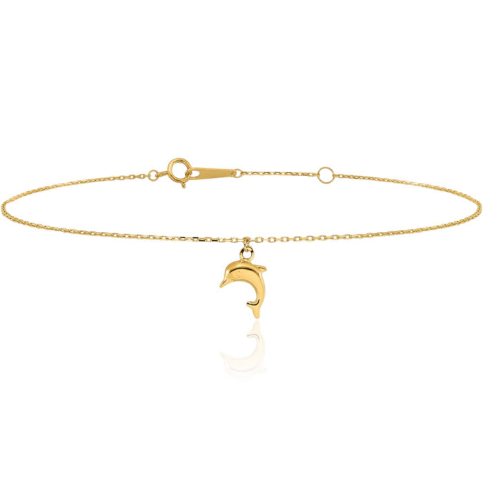 14K Solid Yellow Gold Sea Dolphin Ocean Fish Beach Nautical Charm Anklet Summer Foot Ankle Bracelet