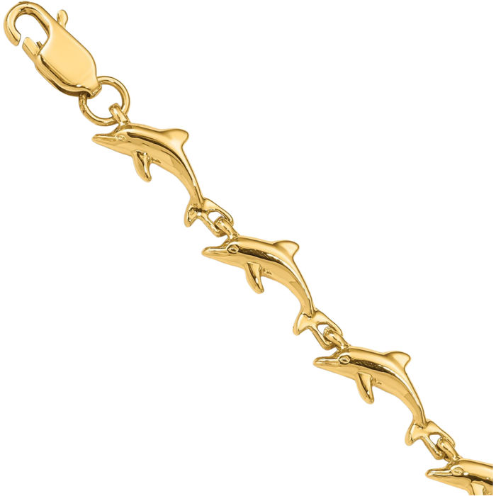 14K Solid Yellow Gold Sea Dolphin Ocean Fish Beach Nautical Chain Charm Bracelet