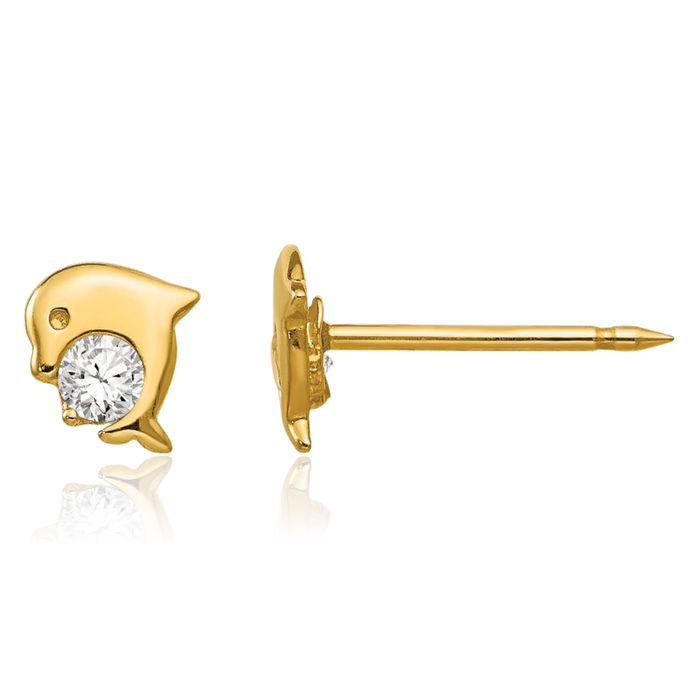 14K Solid Yellow Gold Sea Dolphin Ocean Fish Beach Nautical Cubic Zirconia CZ Stud Earrings