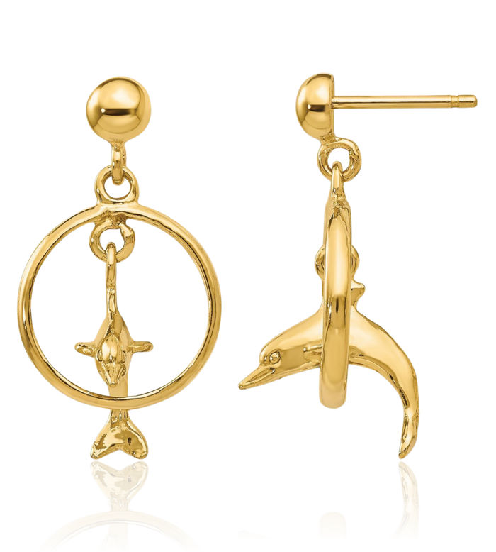 14K Solid Yellow Gold Sea Dolphin Ocean Fish Beach Nautical Drop Dangle Earrings