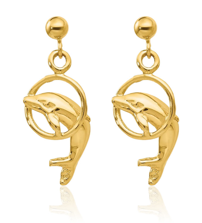 14K Solid Yellow Gold Sea Dolphin Ocean Fish Beach Nautical Drop Dangle Earrings