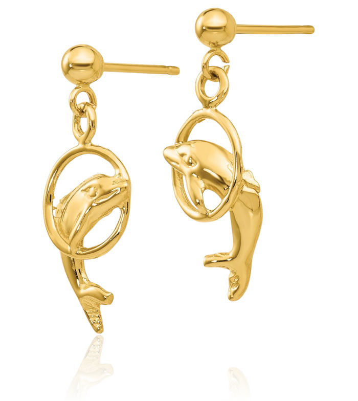 14K Solid Yellow Gold Sea Dolphin Ocean Fish Beach Nautical Drop Dangle Earrings