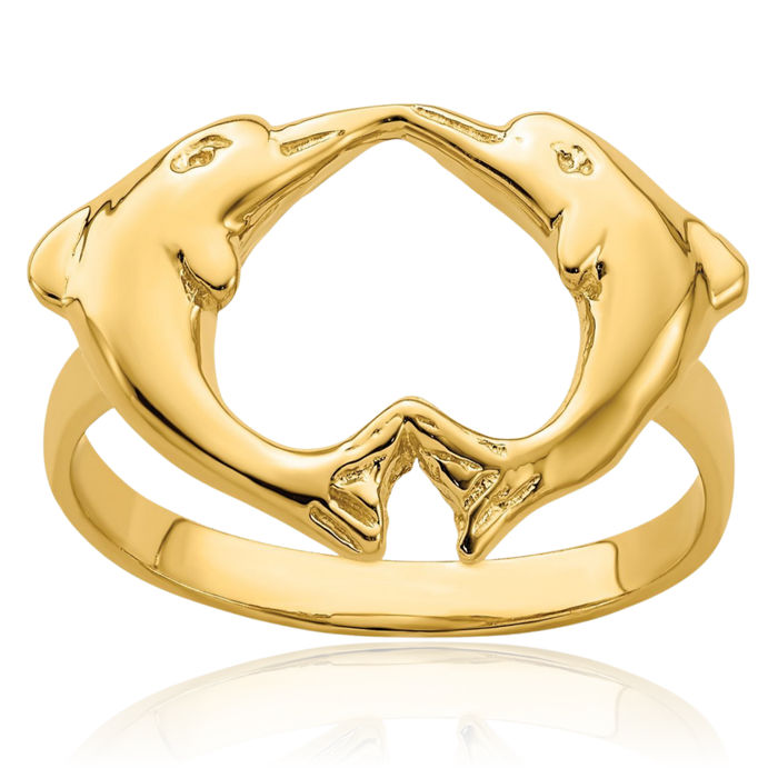 14K Solid Yellow Gold Sea Dolphin Ocean Fish Beach Nautical Heart Ring Love Band