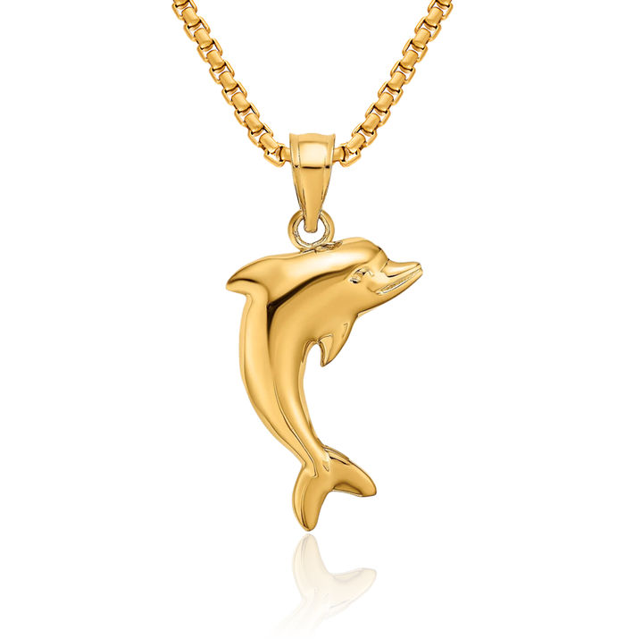 14K Solid Yellow Gold Sea Dolphin Necklace Ocean Fish Pendant Summer Beach Nautical Charm