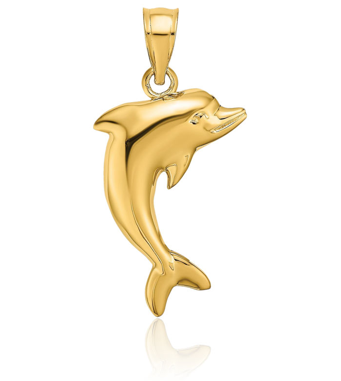 14K Solid Yellow Gold Sea Dolphin Necklace Ocean Fish Pendant Summer Beach Nautical Charm