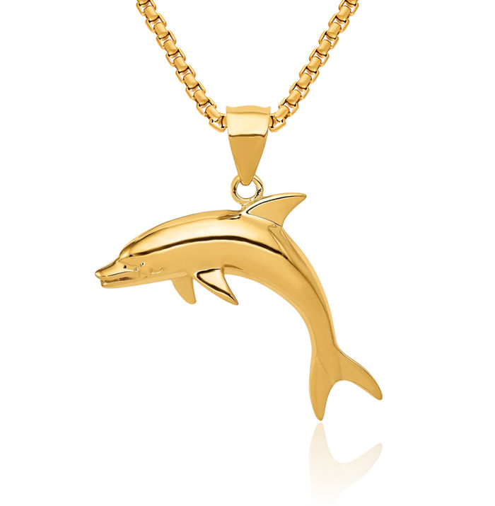 14K Solid Yellow Gold Sea Dolphin Necklace Ocean Fish Pendant Summer Beach Nautical Charm