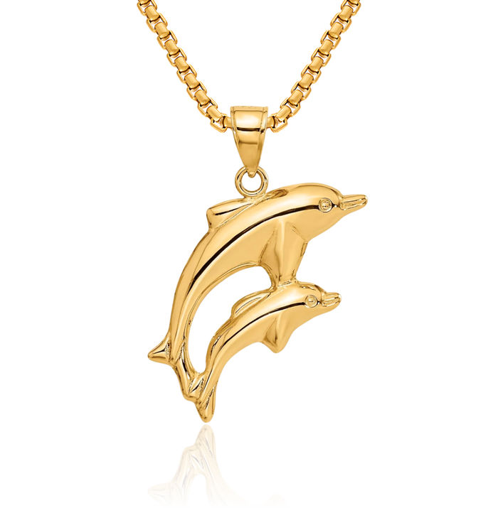 14K Solid Yellow Gold Sea Dolphin Necklace Ocean Fish Pendant Summer Beach Nautical Charm