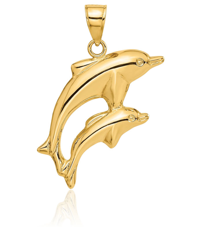 14K Solid Yellow Gold Sea Dolphin Necklace Ocean Fish Pendant Summer Beach Nautical Charm