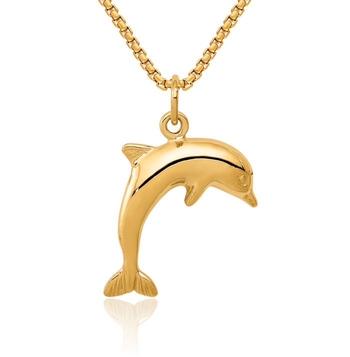 14K Solid Yellow Gold Sea Dolphin Necklace Ocean Fish Pendant Summer Beach Nautical Charm