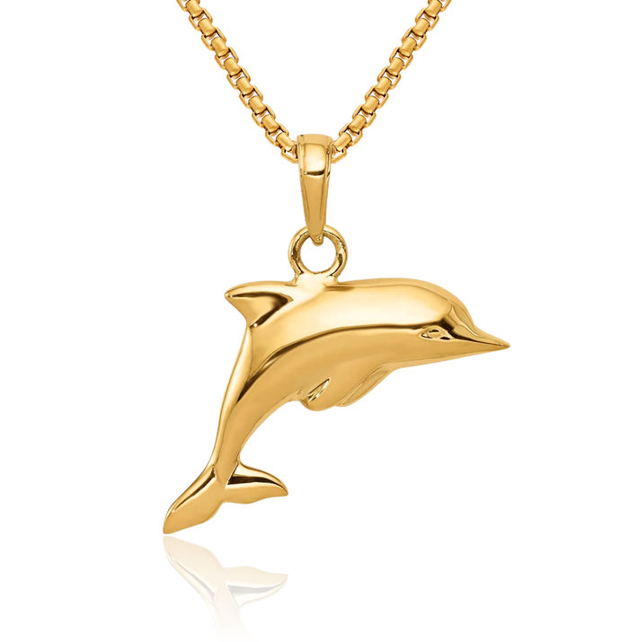 14K Solid Yellow Gold Sea Dolphin Necklace Ocean Fish Pendant Summer Beach Nautical Charm