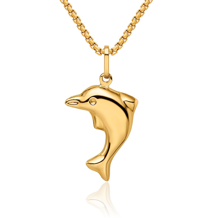 14K Solid Yellow Gold Sea Dolphin Necklace Ocean Fish Pendant Summer Beach Nautical Charm