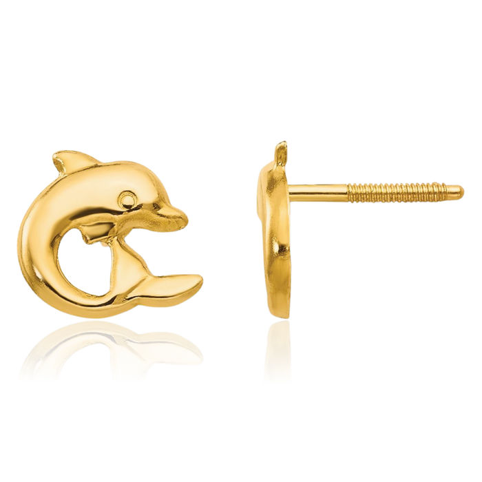 14K Solid Yellow Gold Sea Dolphin Ocean Fish Beach Nautical Post Screw Back Stud Earrings