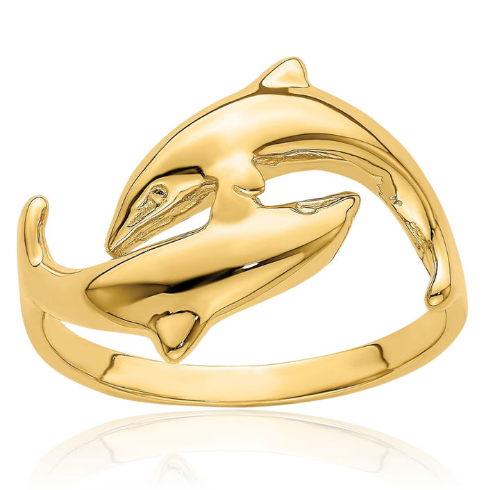 14K Solid Yellow Gold Sea Dolphin Ocean Fish Beach Nautical Ring