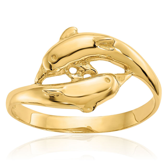 14K Solid Yellow Gold Sea Dolphin Ocean Fish Beach Nautical Ring