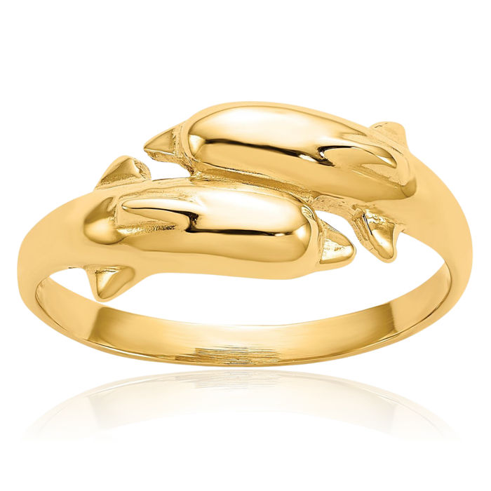 14K Solid Yellow Gold Sea Dolphin Ocean Fish Beach Nautical Ring