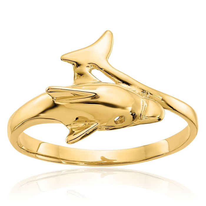 14K Solid Yellow Gold Sea Dolphin Ocean Fish Beach Nautical Ring