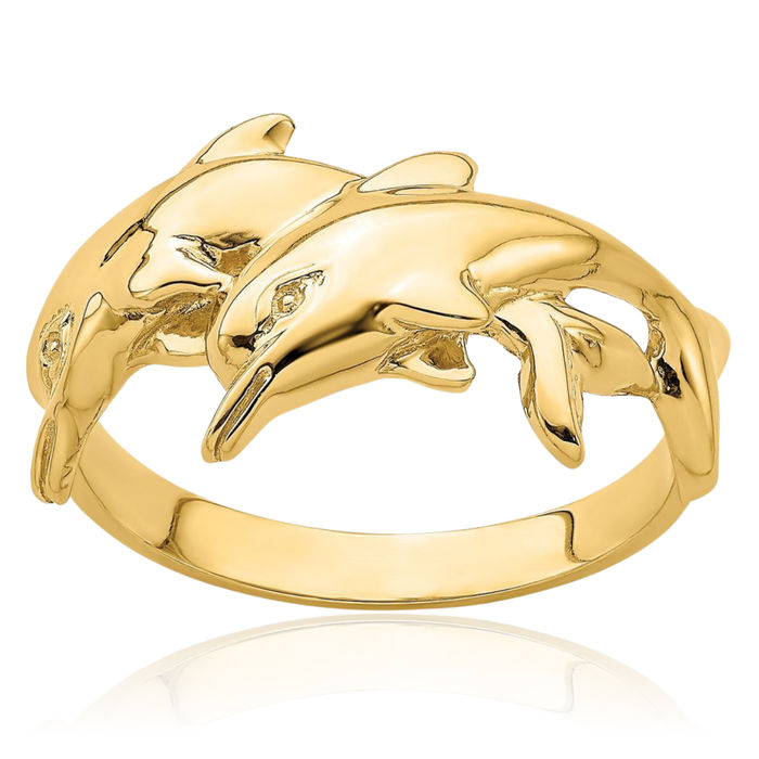 14K Solid Yellow Gold Sea Dolphin Ocean Fish Beach Nautical Ring