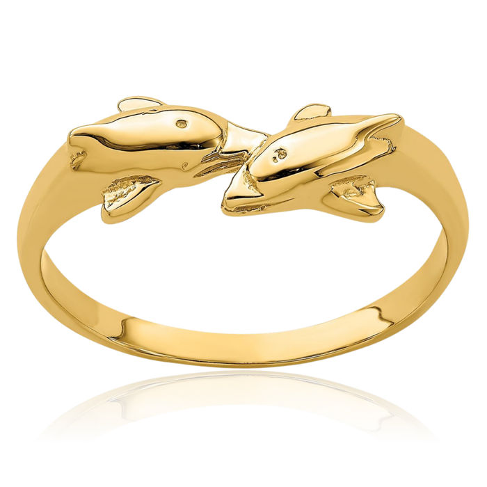 14K Solid Yellow Gold Sea Dolphin Ocean Fish Beach Nautical Ring