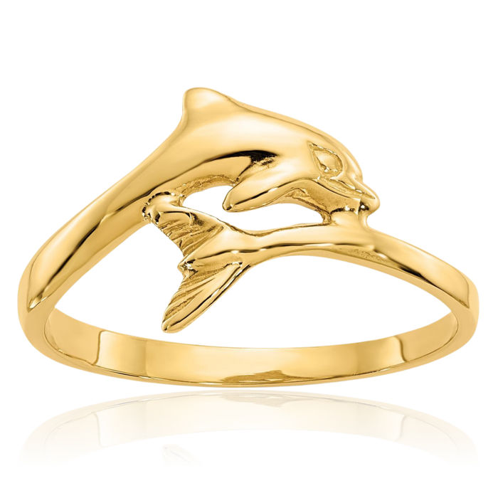 14K Solid Yellow Gold Sea Dolphin Ocean Fish Beach Nautical Ring