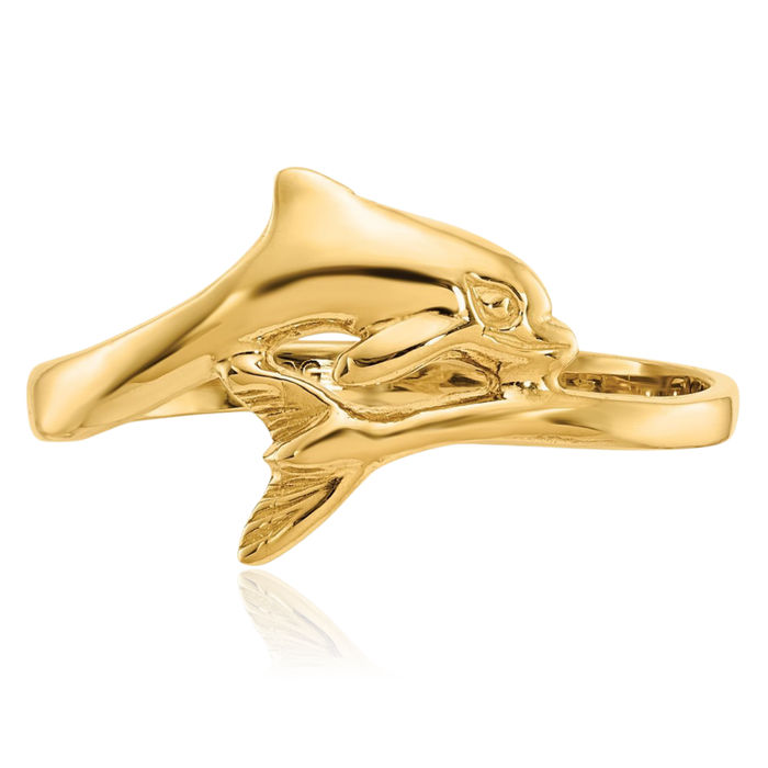 14K Solid Yellow Gold Sea Dolphin Ocean Fish Beach Nautical Ring