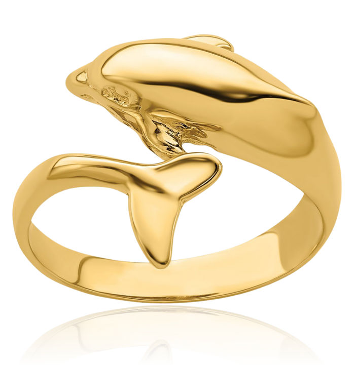 14K Solid Yellow Gold Sea Dolphin Ocean Fish Beach Nautical Ring