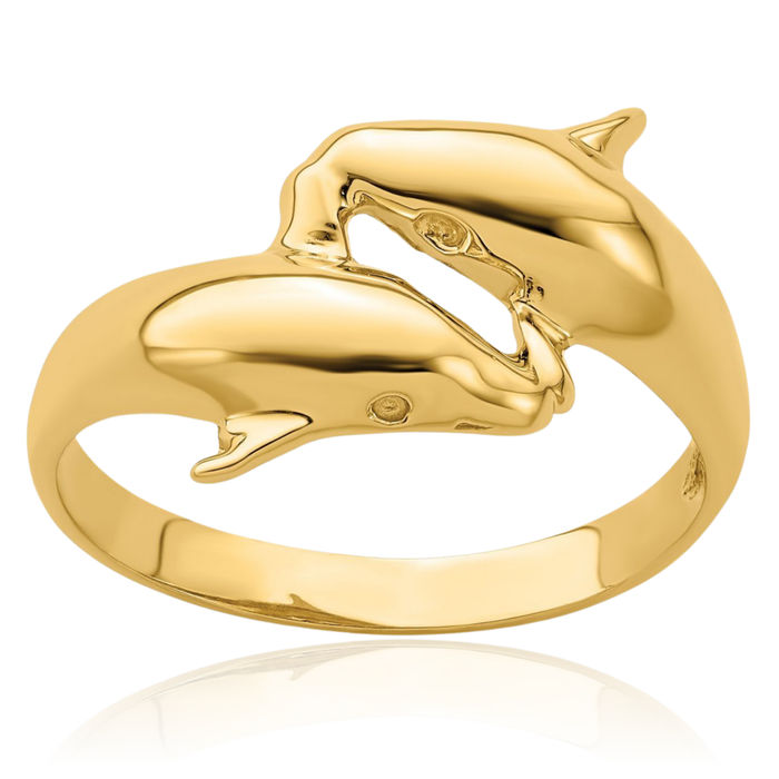 14K Solid Yellow Gold Sea Dolphin Ocean Fish Beach Nautical Ring