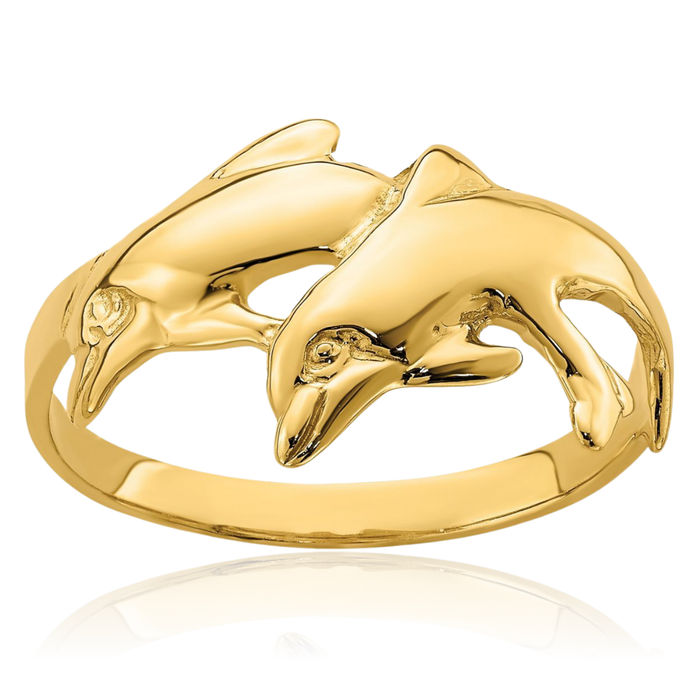 14K Solid Yellow Gold Sea Dolphin Ocean Fish Beach Nautical Ring