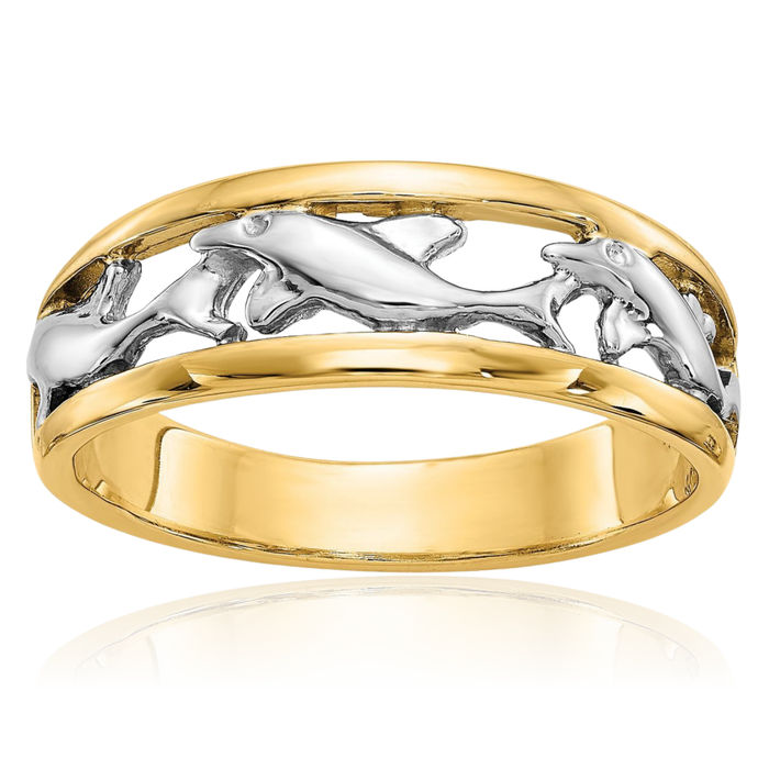 14K Solid Yellow Gold Sea Dolphin Ocean Fish Beach Nautical Ring