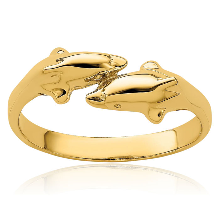 14K Solid Yellow Gold Sea Dolphin Ocean Fish Beach Nautical Ring