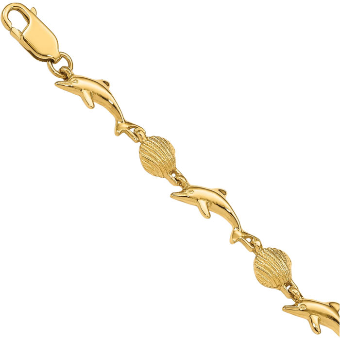 14K Solid Yellow Gold Sea Dolphin Ocean Fish Beach Nautical Shell Chain Charm Bracelet