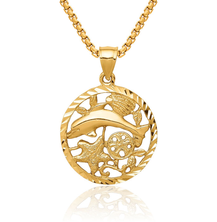 14K Solid Yellow Gold Sea Dolphin Ocean Fish Beach Nautical Shells Circle Round Necklace Chain Pendant Charm