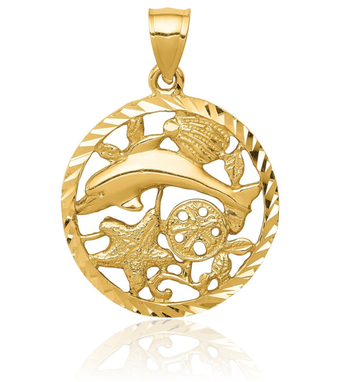 14K Solid Yellow Gold Sea Dolphin Ocean Fish Beach Nautical Shells Circle Round Necklace Chain Pendant Charm