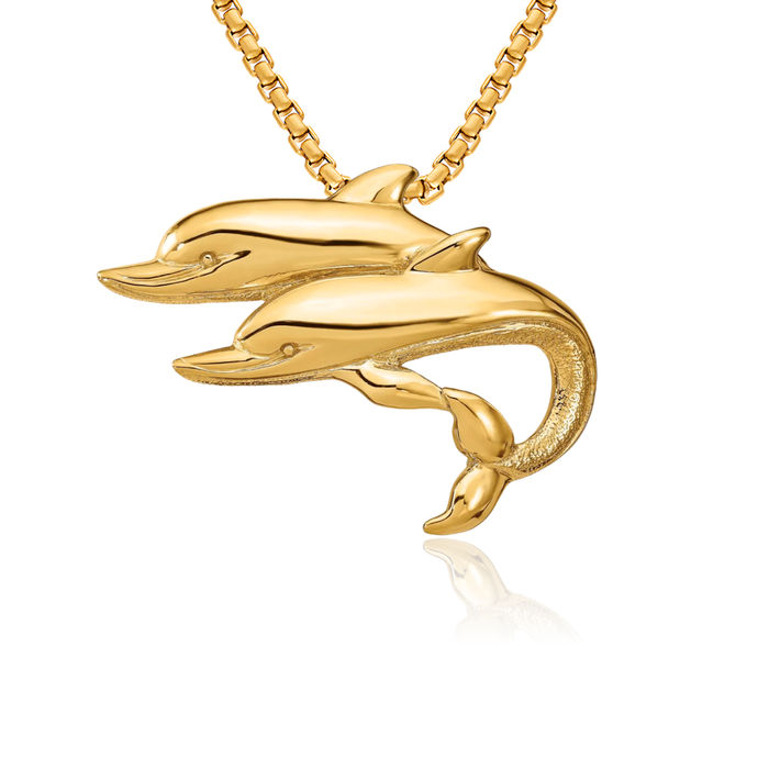 14K Solid Yellow Gold Sea Dolphin Ocean Fish Beach Nautical Slide Necklace Chain Pendant Charm