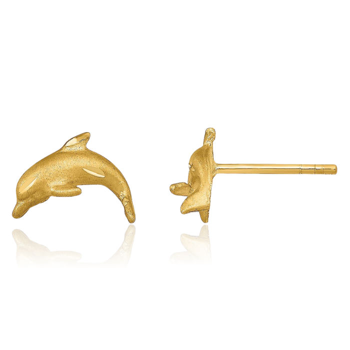 14K Solid Yellow Gold Sea Dolphin Ocean Fish Beach Nautical Stud Earrings