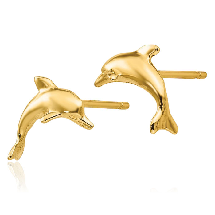 14K Solid Yellow Gold Sea Dolphin Ocean Fish Beach Nautical Stud Earrings