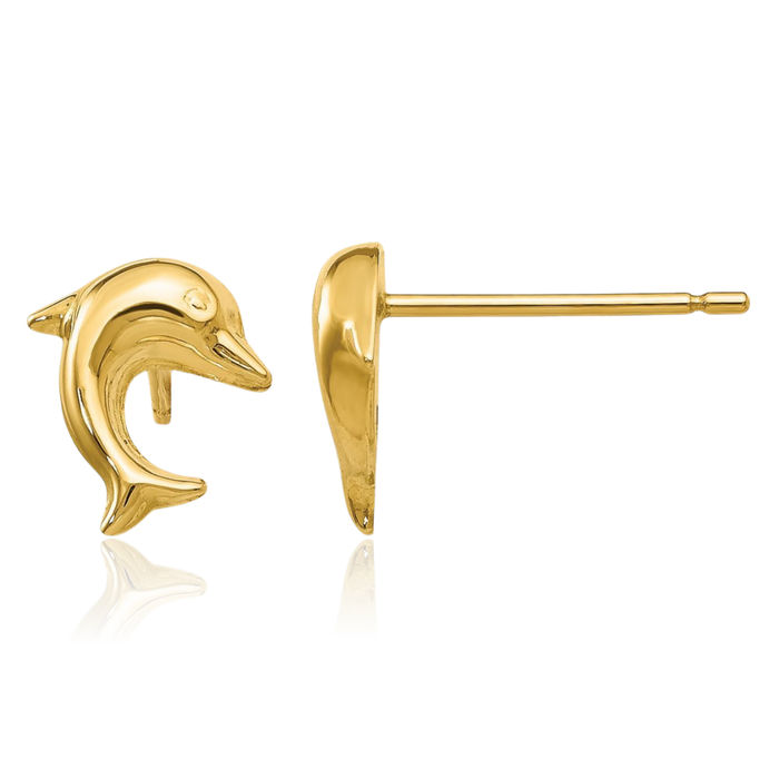 14K Solid Yellow Gold Sea Dolphin Ocean Fish Beach Nautical Stud Earrings