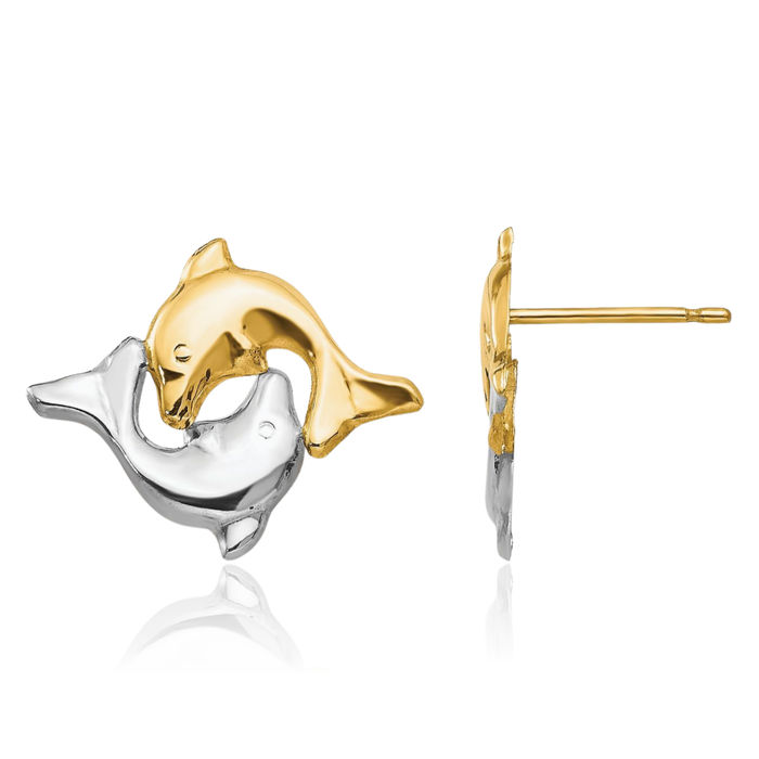 14K Solid Yellow Gold Sea Dolphin Ocean Fish Beach Nautical Stud Earrings