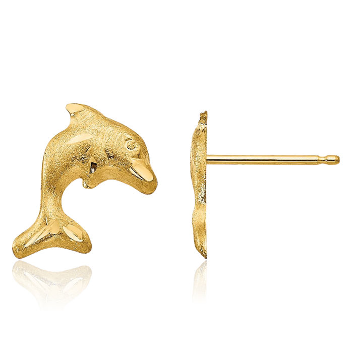 14K Solid Yellow Gold Sea Dolphin Ocean Fish Beach Nautical Stud Earrings