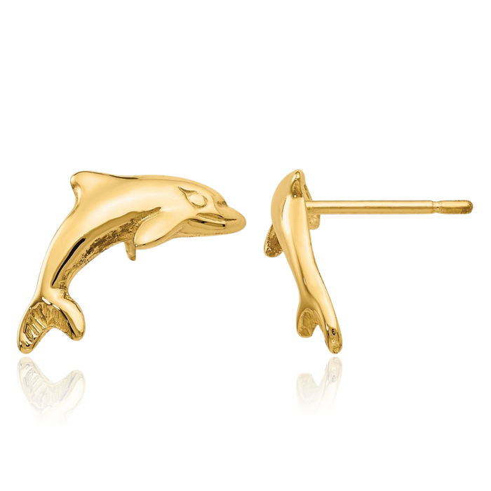 14K Solid Yellow Gold Sea Dolphin Ocean Fish Beach Nautical Stud Earrings