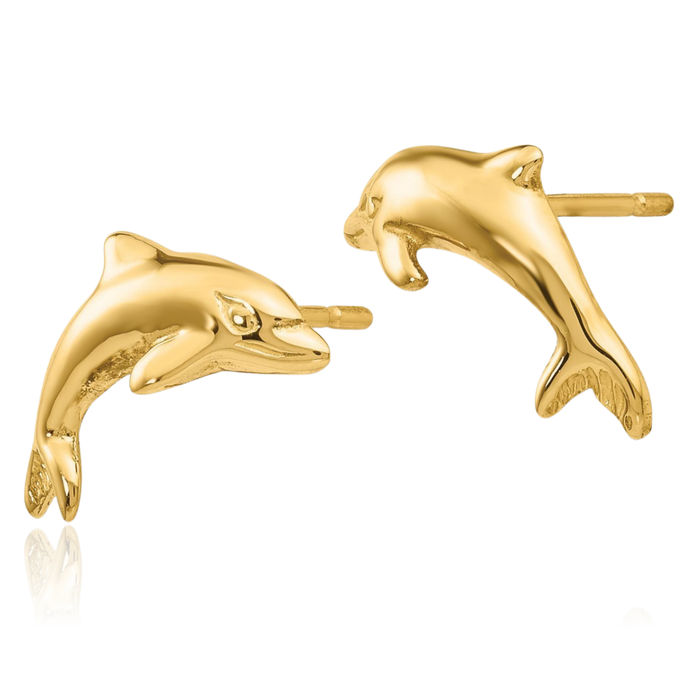 14K Solid Yellow Gold Sea Dolphin Ocean Fish Beach Nautical Stud Earrings