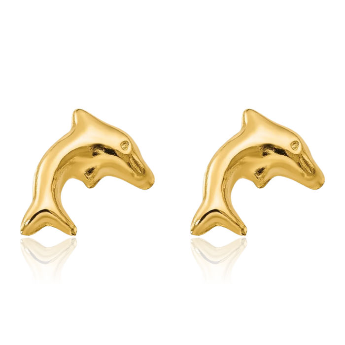 14K Solid Yellow Gold Sea Dolphin Ocean Fish Beach Nautical Stud Earrings