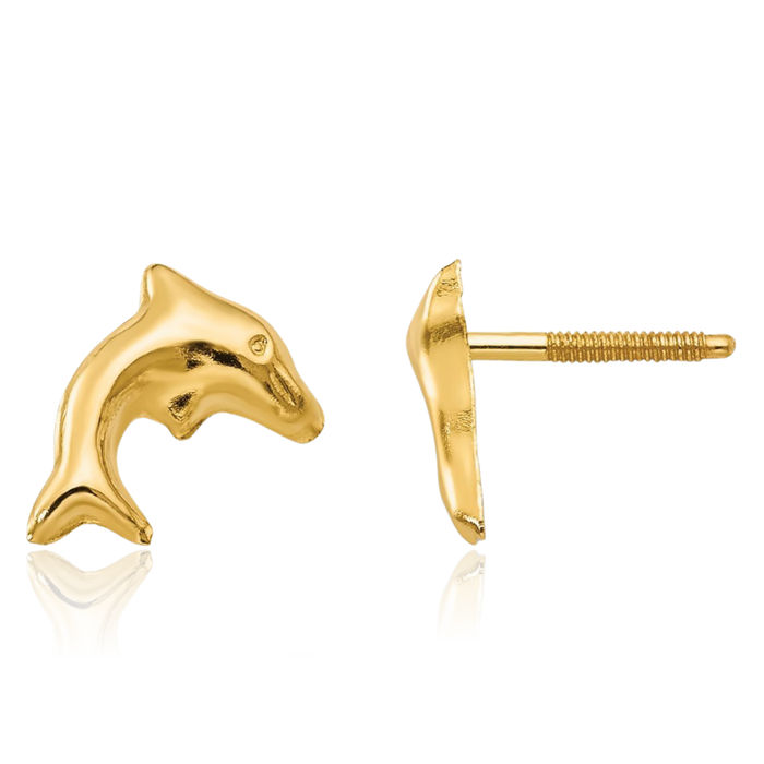 14K Solid Yellow Gold Sea Dolphin Ocean Fish Beach Nautical Stud Earrings